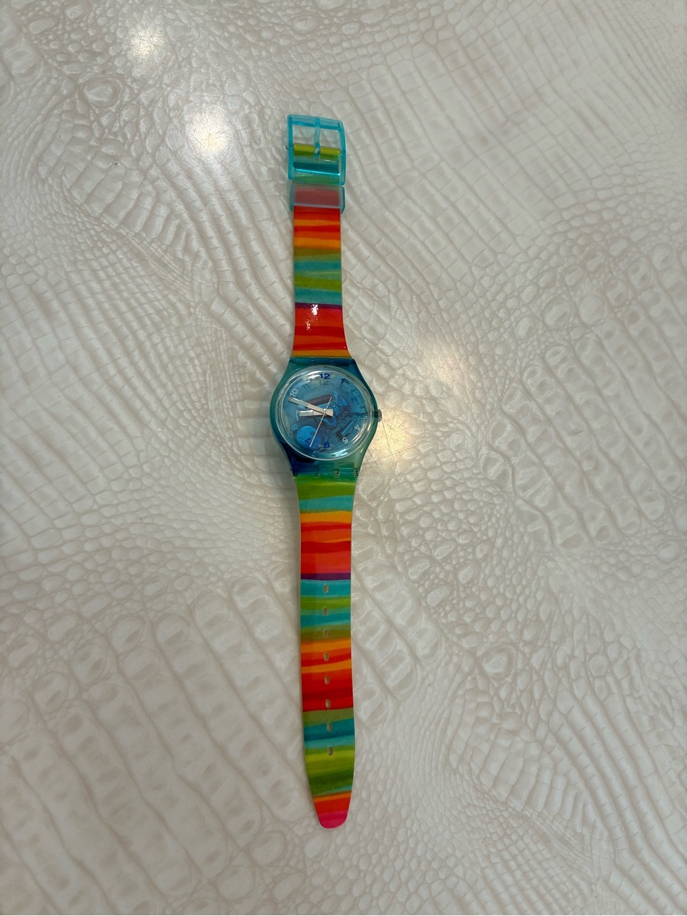 Swatch Multicolor Striped Silicone Watch with Turquoise Case